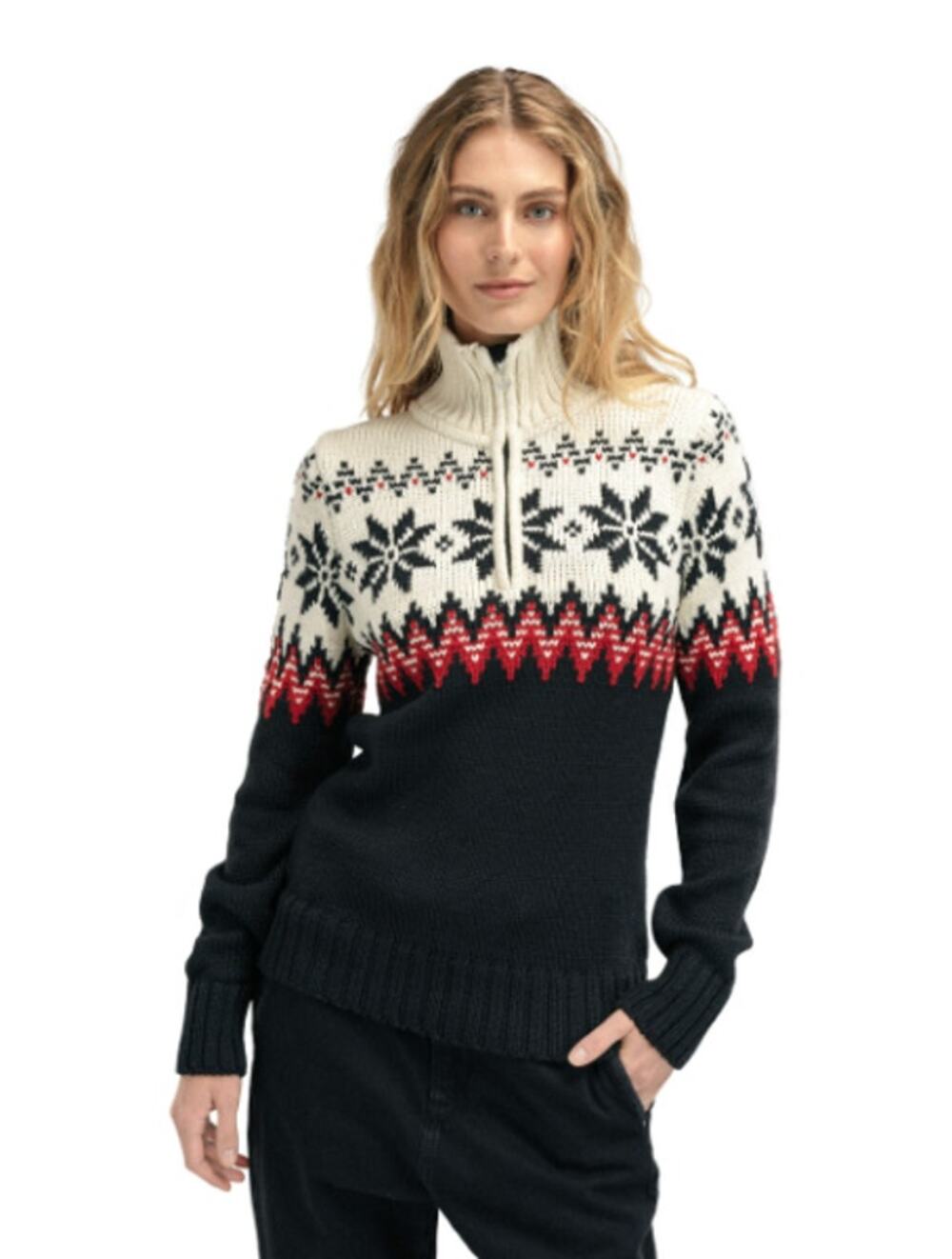 DALE OF NORWAY Women Myking 1/4 Zip Sweater Large Black Raspberry Off White NWOT